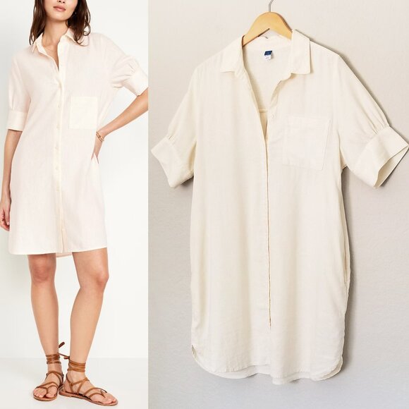 OLD NAVY Linen-Blend Shirt Dress Size L Creme De La Crème Beach Summer Everyday - Picture 5 of 16